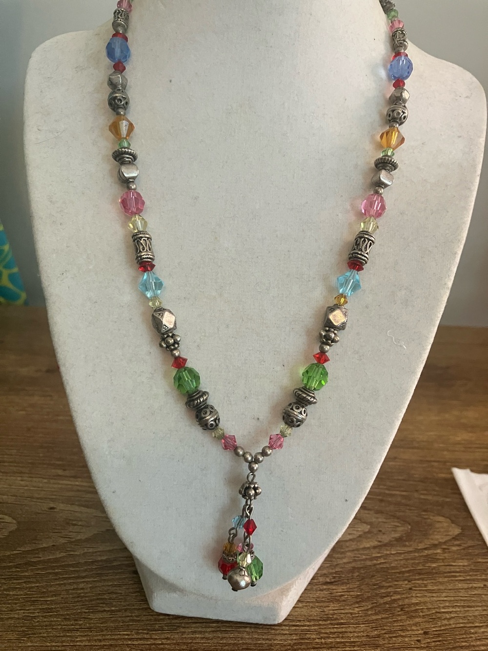 Multicolor Bead and Silver-Tone Pendant Necklace